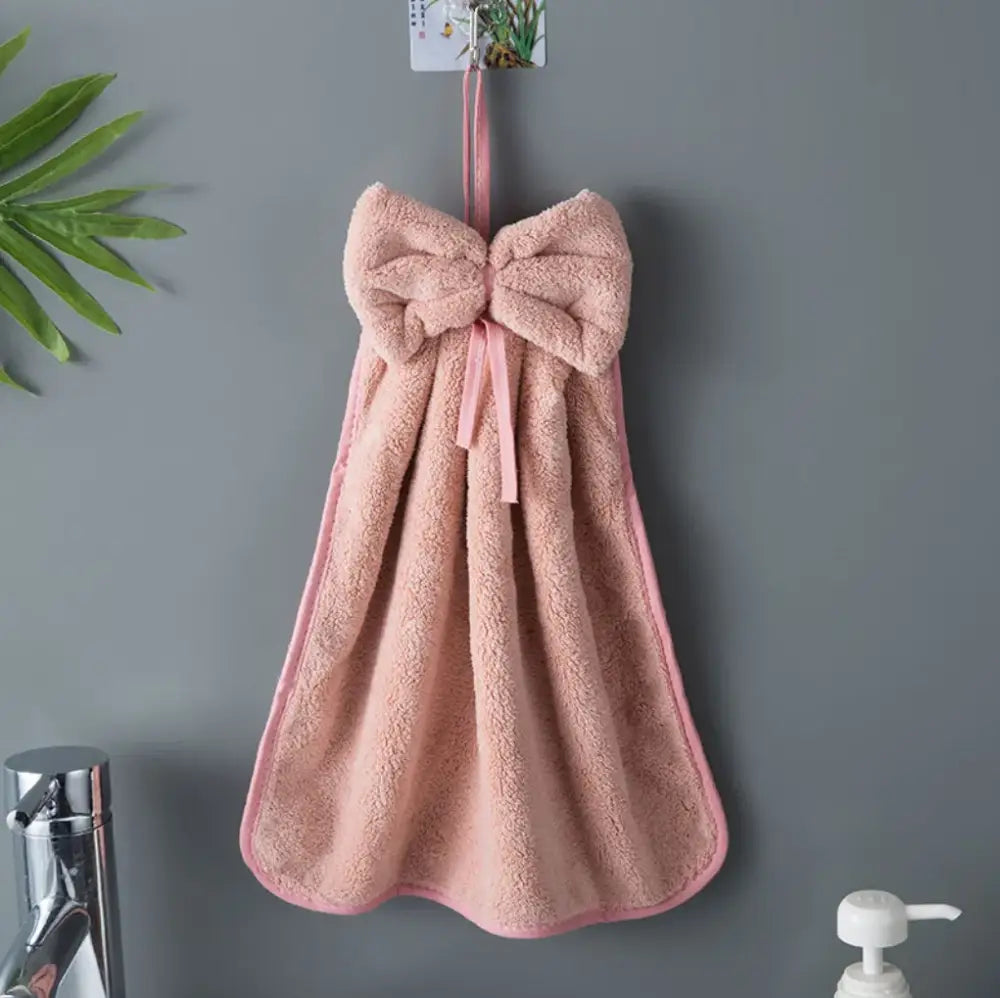Pink decorbites bowknot coral velvet hand towels with large bow and soft terry cloth texture for kitchen cleaning