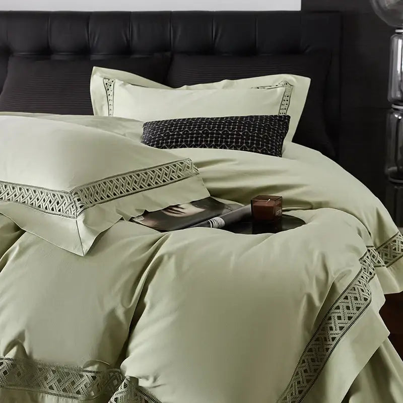 Elegant sage green satin bedding set with intricate geometric embroidery and egyptian cotton hotel bedding set quality
