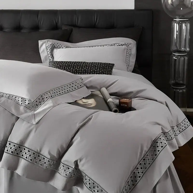 Gray satin egyptian cotton bedding set with intricate black geometric embroidery ideal for hotel bedding set use