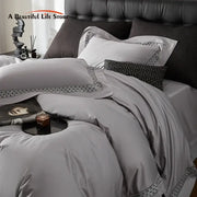 Luxury gray satin egyptian cotton bedding set with black geometric embroidery for hotel bedding set and bedroom use