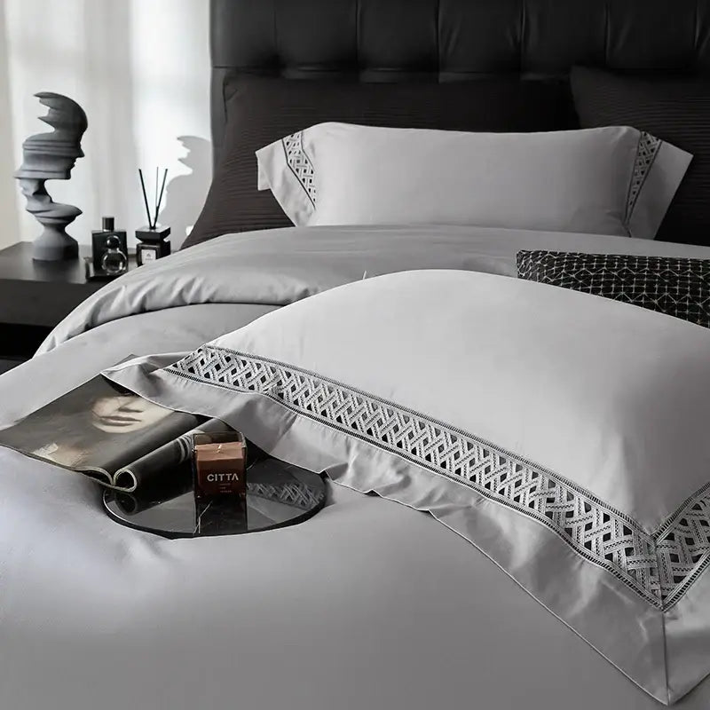 Silver-gray satin pillowcase with black geometric embroidery edge in egyptian cotton hotel bedding set bedroom design