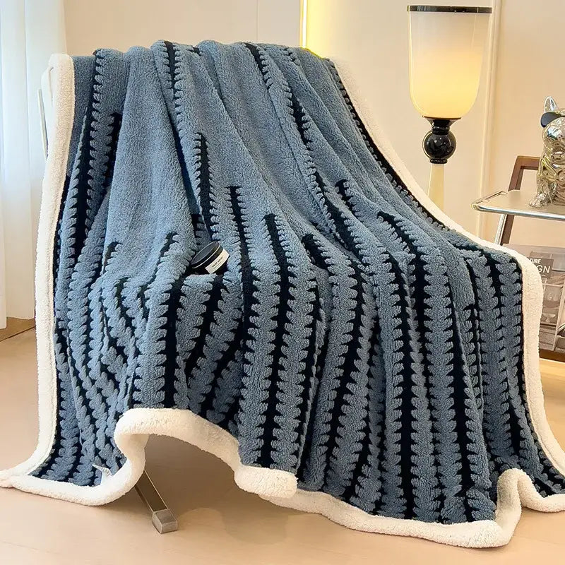Decorbites jacquard blanket in blue and white plush with textured stripes ideal for living room decor and warmth