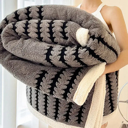 Cozy gray and black patterned decorbites jacquard blanket with thick lamb wool and cream plush lining for living room decor