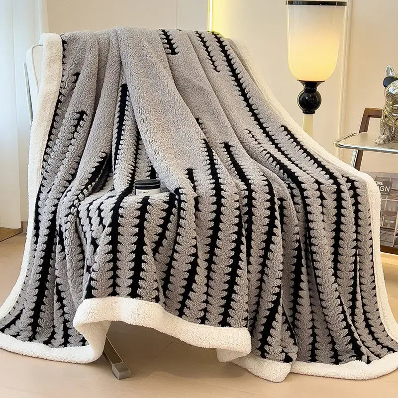 Cozy gray and black decorbites jacquard blanket with plush white border thick lamb wool for living room use