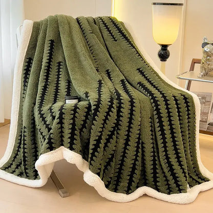 Olive green plush decorbites jacquard blanket with black leaf-patterned stripes and white fleece border for living room decor