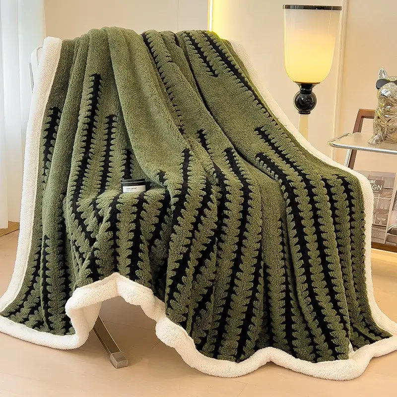 Olive green plush decorbites jacquard blanket with black leaf-patterned stripes and white fleece border for living room decor