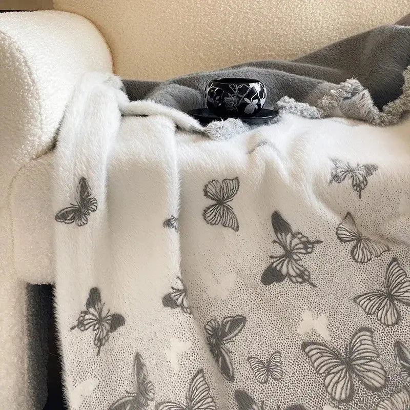 White plush throw blanket with gray butterfly jacquard imitation mink fur pattern for bedroom decorbites butterfly jacquard
