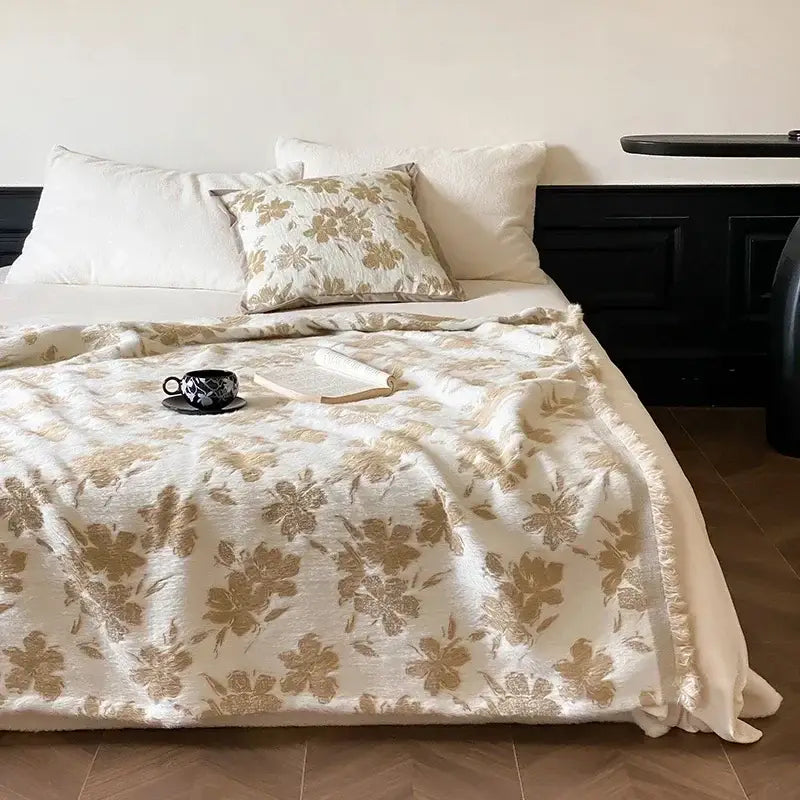 Cream-colored decorbites butterfly jacquard imitation mink blanket with soft texture and elegant gold floral pattern for bedroom throw