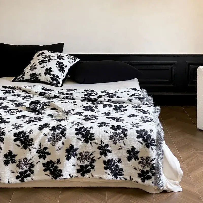 White plush throw blanket with black floral pattern and fringed edges decorbites butterfly jacquard imitation mink fur bedroom throw