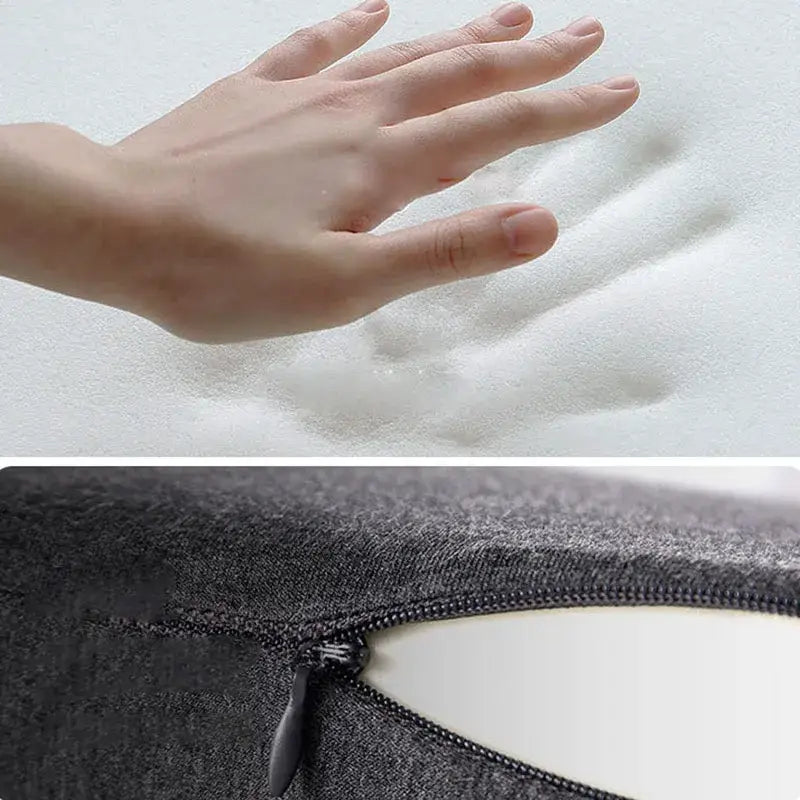 White butterfly memory foam pillow with dark gray fabric cover and zipper closure for orthopedic cervical support