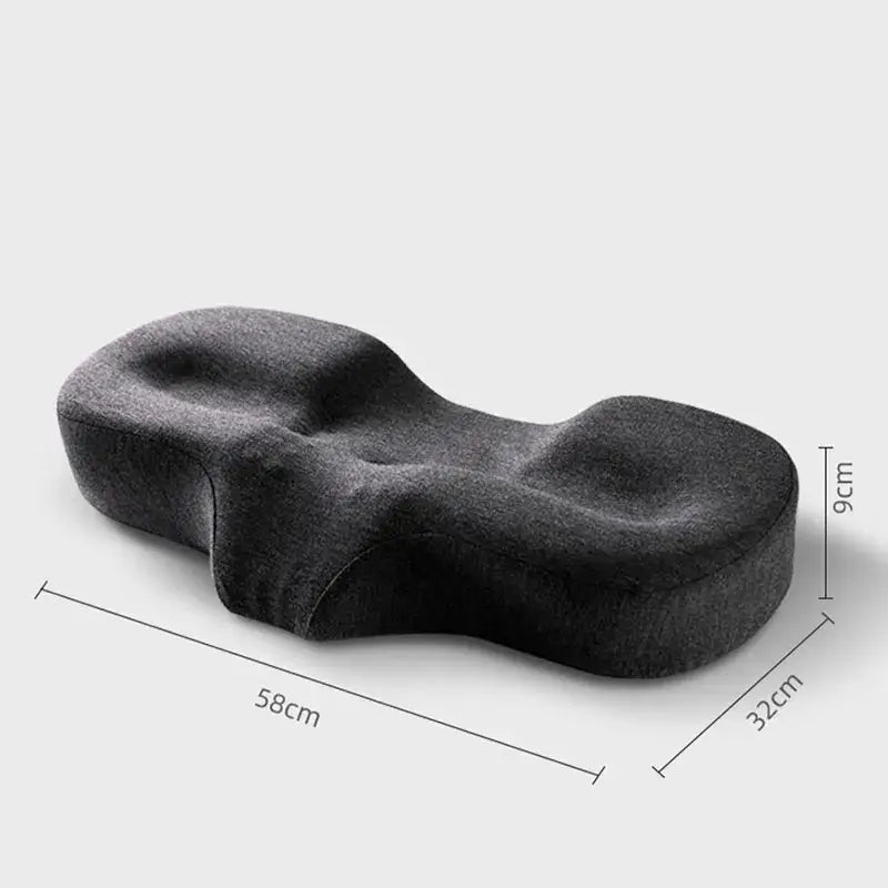 Black ergonomic lumbar support cushion with contoured design and textured fabric surface for decorbites butterfly memory foam orthopedic use