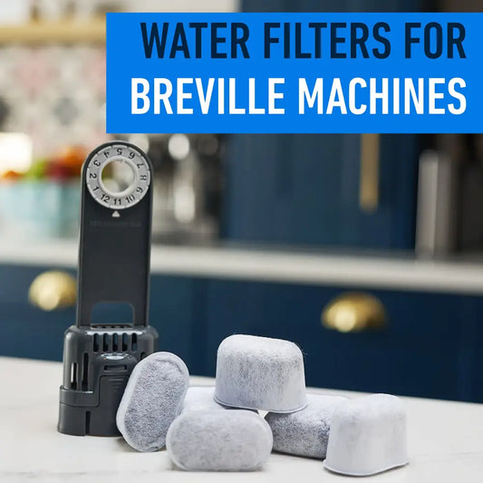 Gray charcoal cylindrical espresso machine water filters with mesh texture beside black mounting base for machine water use
