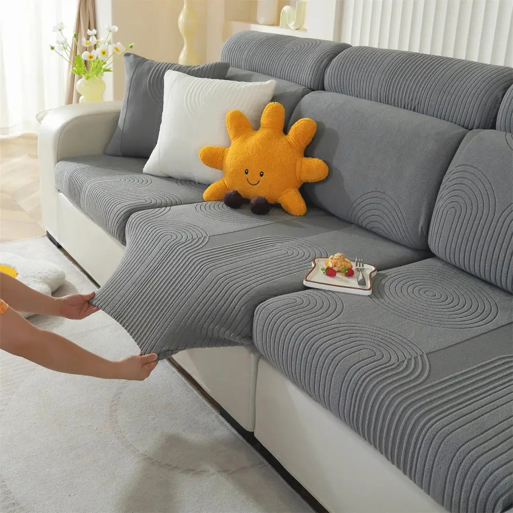 Gray circular textured polar fleece modular sofas cover with concentric patterns for living room accent chairs and sofas