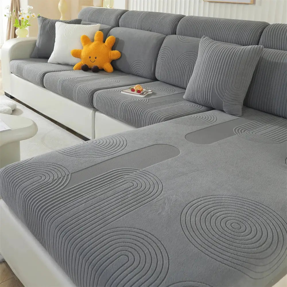 Gray circular textured polar fleece modular sofa cover with concentric patterns for living room accent chairs and sofas