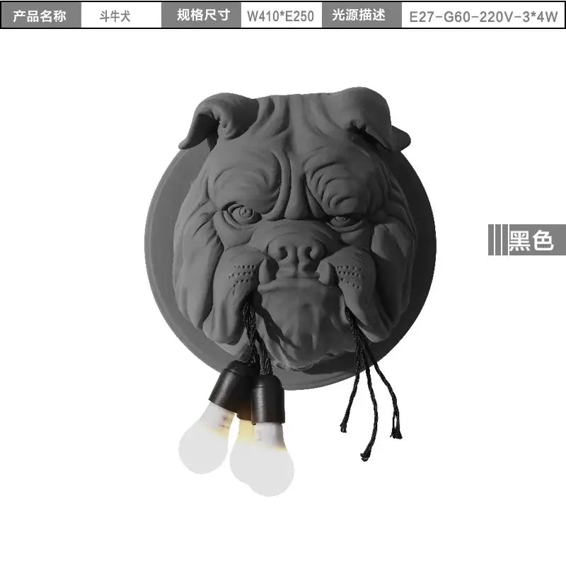 Black matte-finished decorbites bulldog resin wall lamp with two exposed bulbs hanging from its mouth for bedroom use