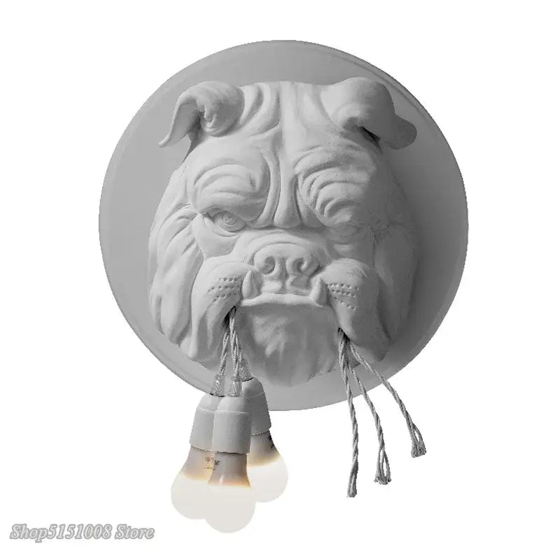 White sculpted decorbites bulldog resin wall lamp with three hanging bulbs for bedroom concrete sconce