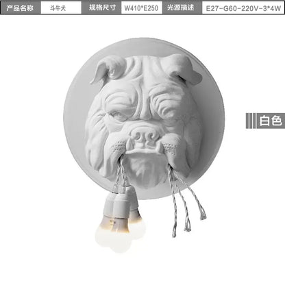 Gray concrete decorbites bulldog wall lamp with three hanging bulbs featuring white bulldog resin design for bedroom use