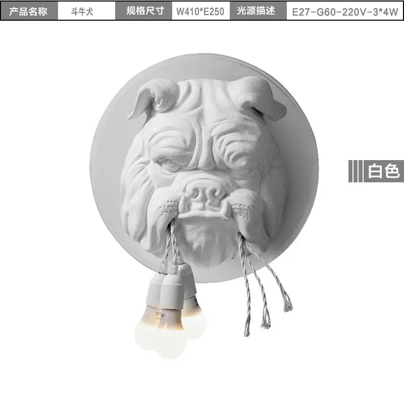 Gray concrete decorbites bulldog wall lamp with three hanging bulbs featuring white bulldog resin design for bedroom use