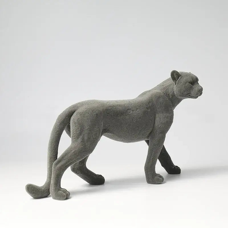 Gray concrete leopard flocking sculpture with textured surface and sleek lifelike stance for living room decorbites decor