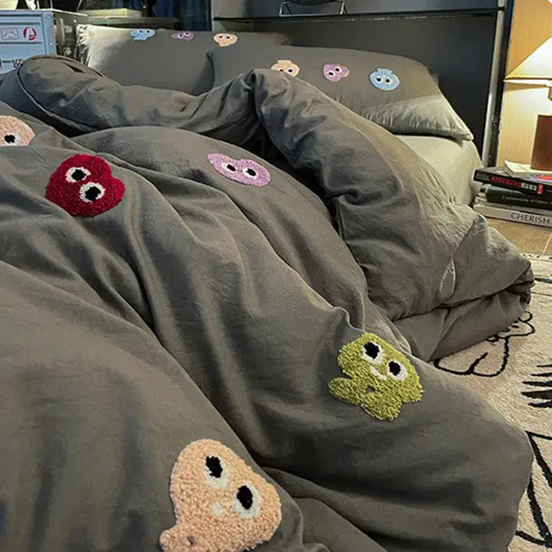 Gray cotton cartoon towel bedding set with colorful plush embroidered faces for bedroom decorbites decor