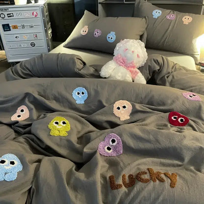 Gray cotton cartoon towel bedding set with colorful embroidered ghost characters and lucky text for bedroom decor