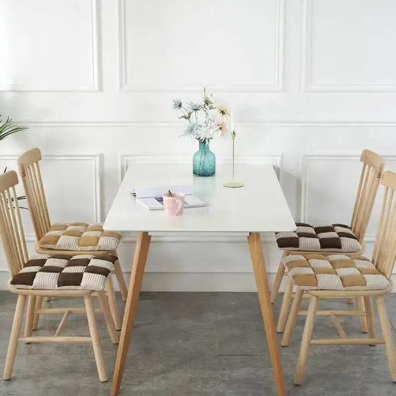 Beige and brown checkered woven cushioned chair pads for dining room featuring decorbites corduroy cushion fabric
