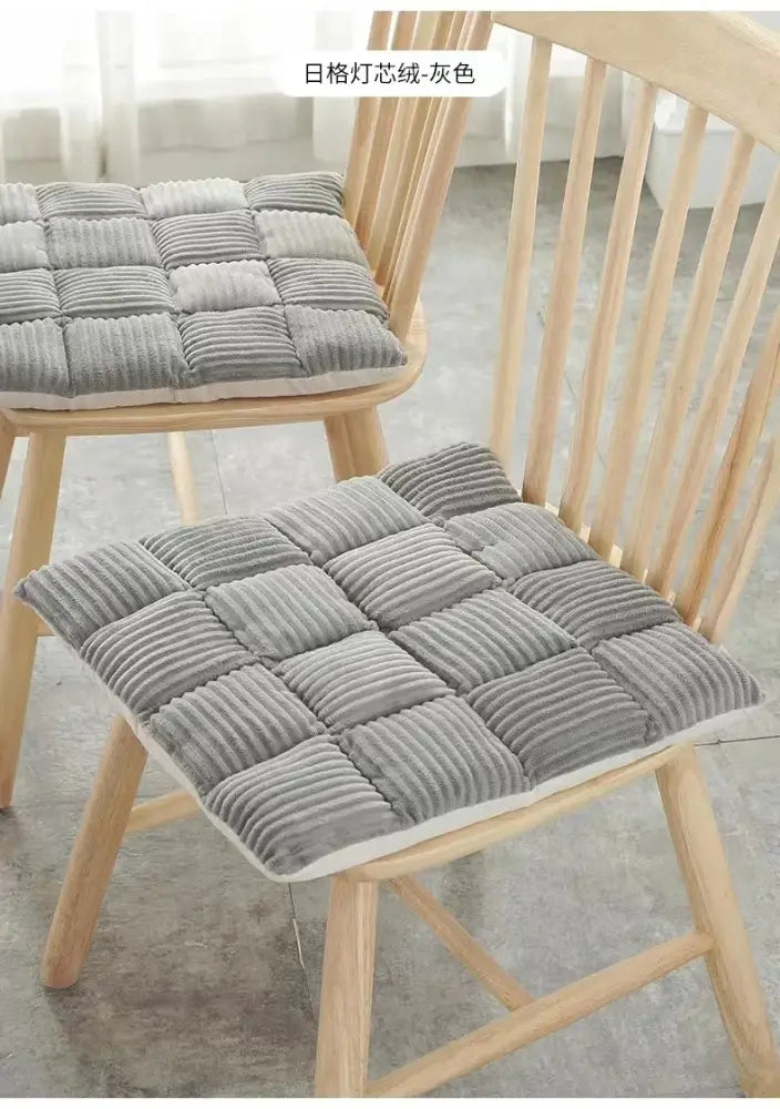 Gray and cream plaid corduroy cushion with checkered pattern and white trim for dining room chair by decorbites corduroy cushion