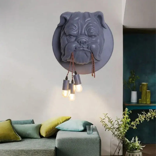 Gray decorbites bulldog led wall lamp featuring a gray bulldog head wall sconce with three hanging bulbs for living room use