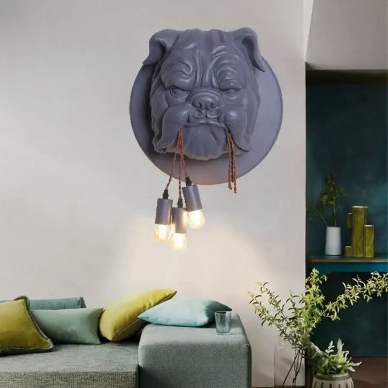 Gray decorbites bulldog led wall lamp featuring a gray bulldog head wall sconce with three hanging bulbs for living room use