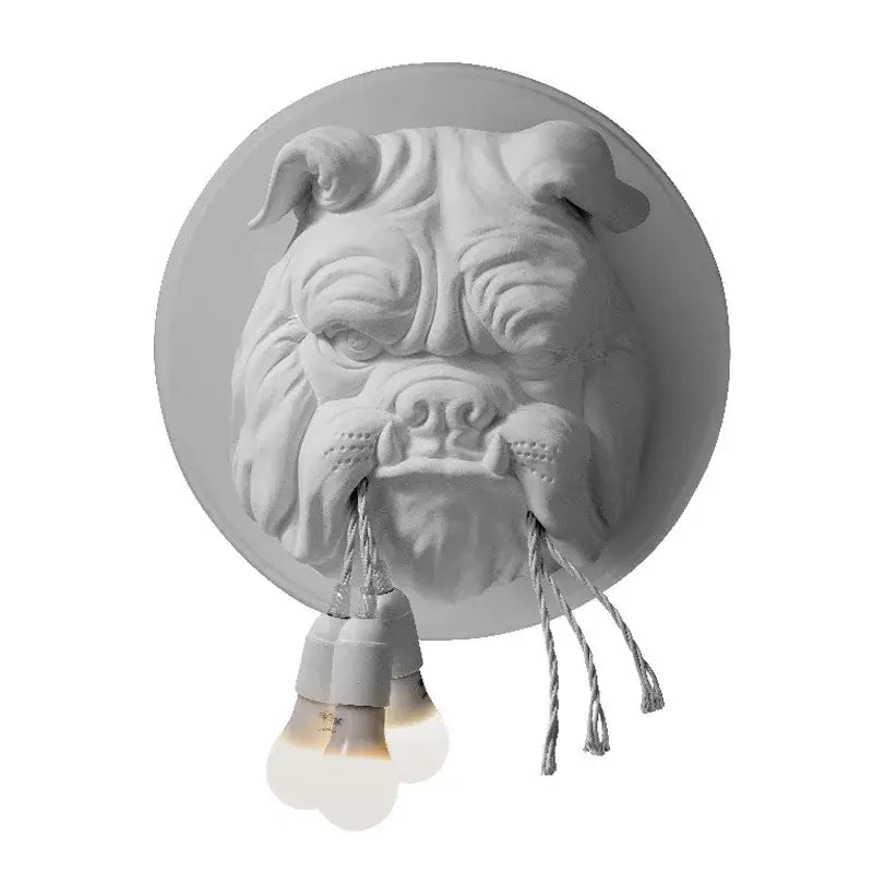 White sculpted bulldog led wall lamp with three hanging bulbs for living room by gray decorbites wall sconce