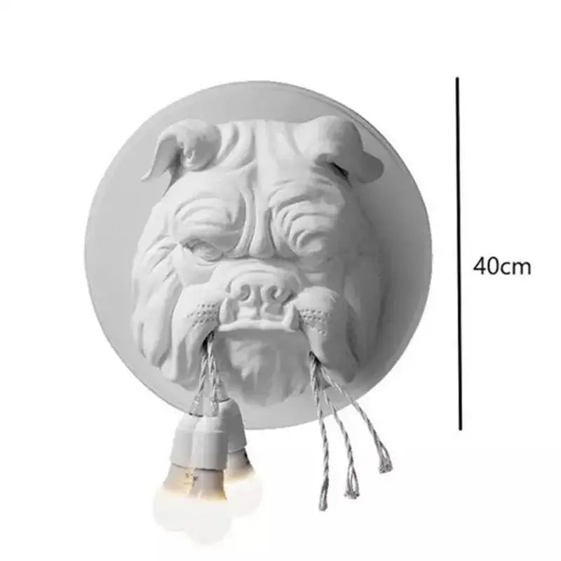 White sculpted bulldog led wall lamp by decorbites with three hanging bulbs for living room wall lighting