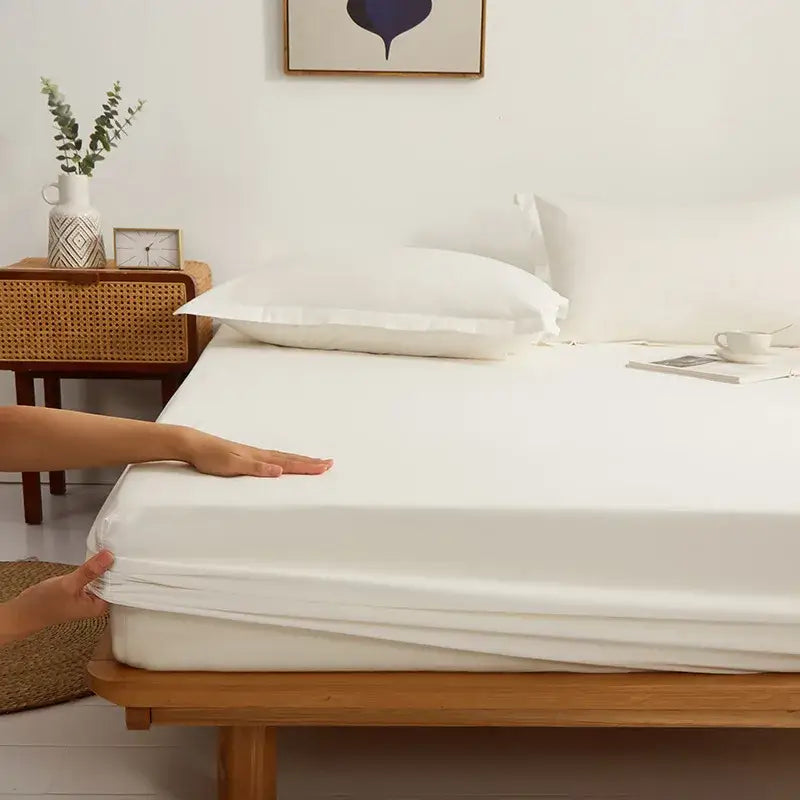 White decorbites cotton fitted sheet with elasticized edges and smooth seamless finish in bedroom bedding sheet set