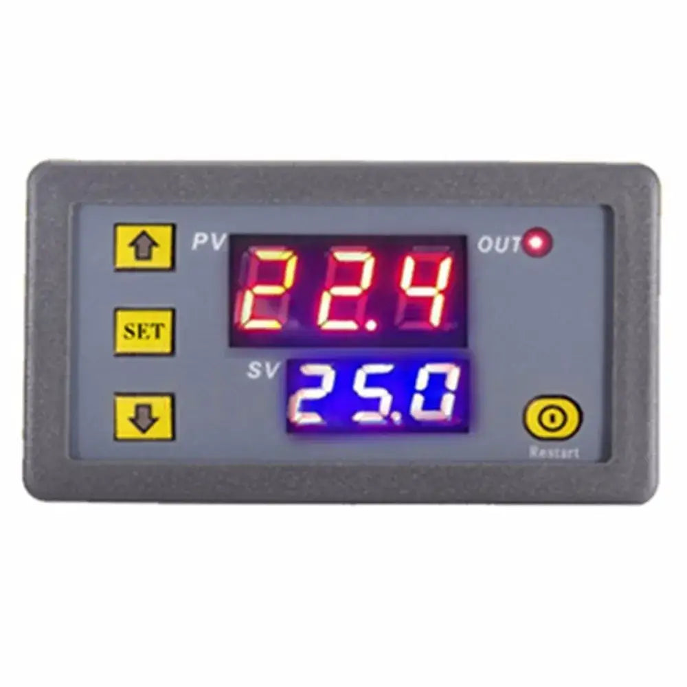 Gray digital temperature controller thermostat with red and blue led displays and yellow buttons on gray plastic housing
