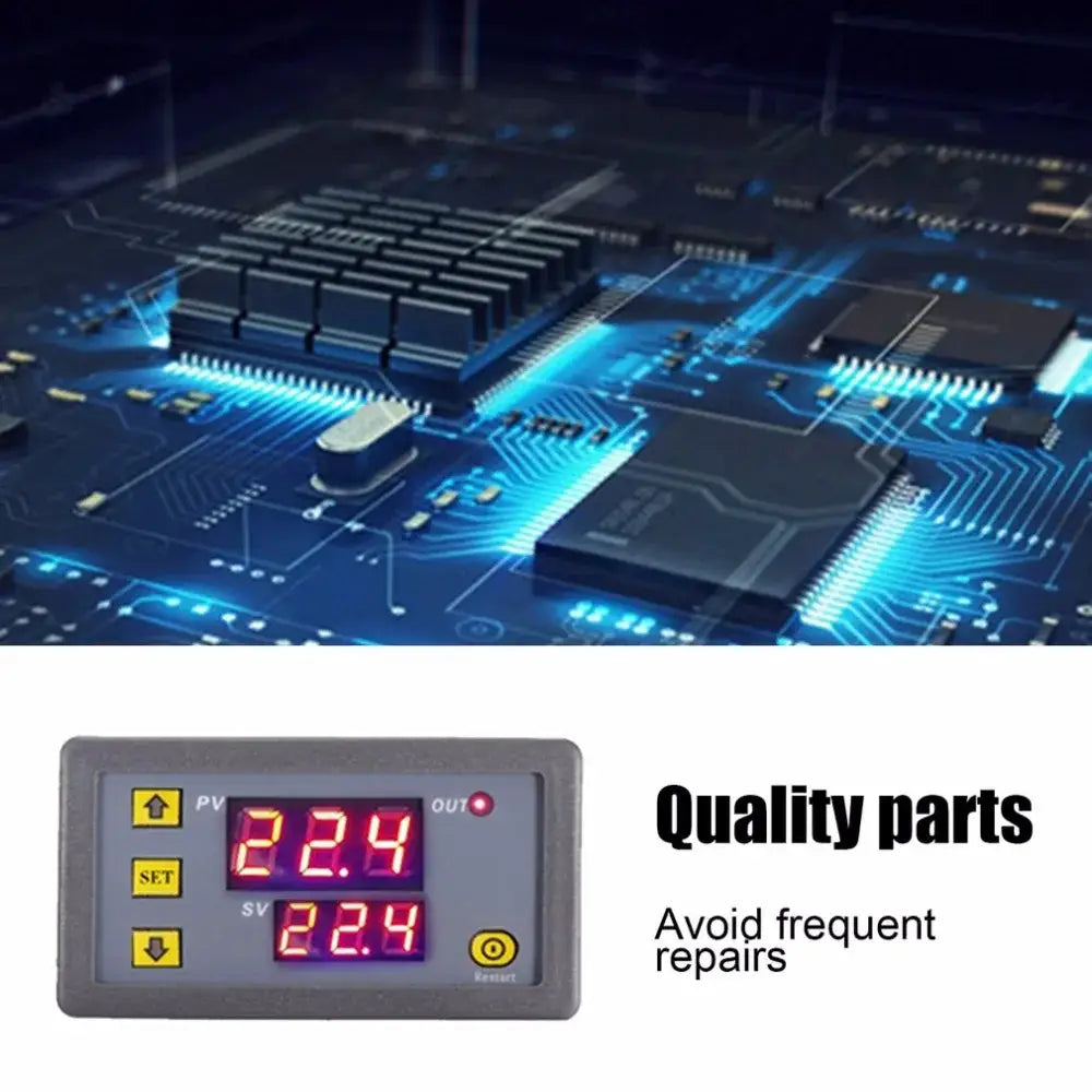Gray digital temperature controller thermostat with red led display and yellow arrow buttons for kitchen heat regulation