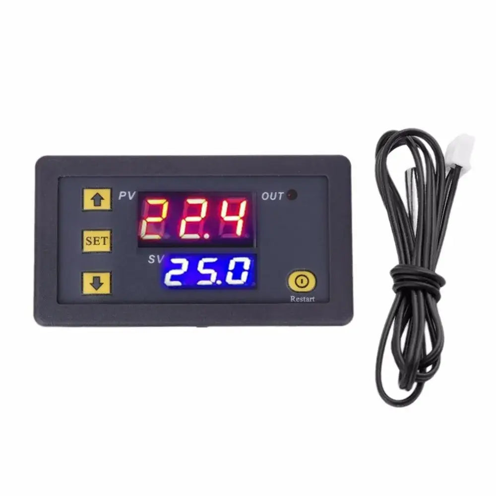 Gray digital temperature controller thermostat in black with red and blue led display and yellow buttons for kitchen use