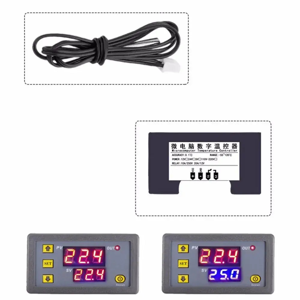 Gray digital temperature controller thermostat with red led display and yellow buttons for kitchen heat regulation