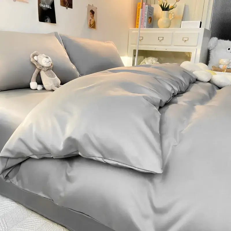 Silk-gray satin double color blocked ice silk bedding set with smooth glossy finish and matching pillowcases