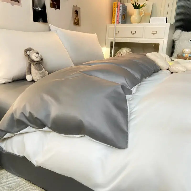 Gray satin duvet cover with smooth glossy finish in double color blocked ice silk bedding set for bedroom use