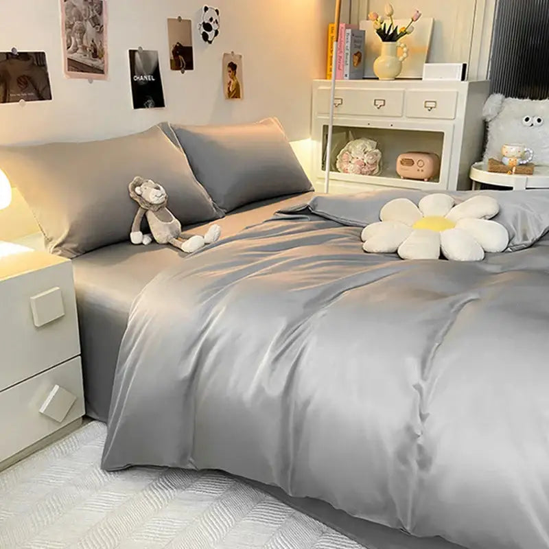Silk-gray satin double color blocked ice silk bedding set with a smooth glossy finish and matching pillowcases