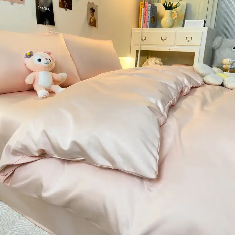A soft blush-pink satin duvet cover from a gray double color blocked ice silk bedding set with a glossy finish