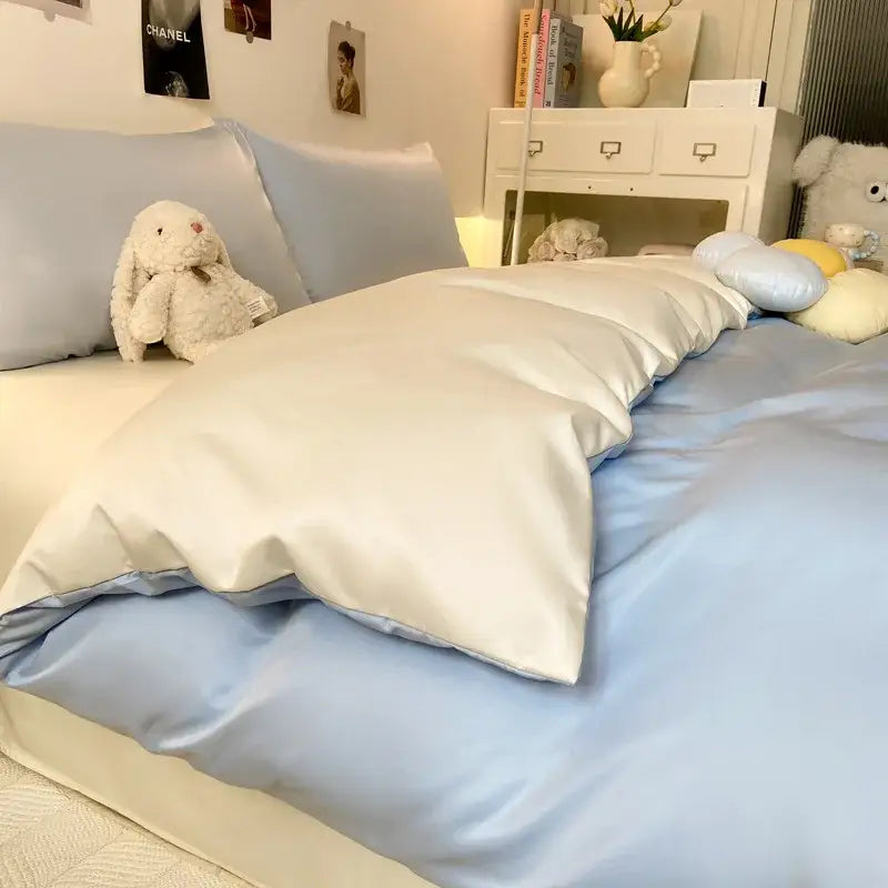 Light blue satin duvet cover with white satin lining in gray double color blocked ice silk bedding set for bedroom