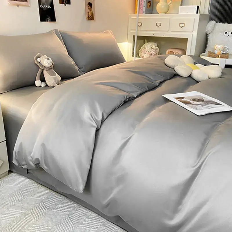 Gray double color blocked ice silk bedding set with smooth shiny finish and silk like gray duvet cover for bedroom
