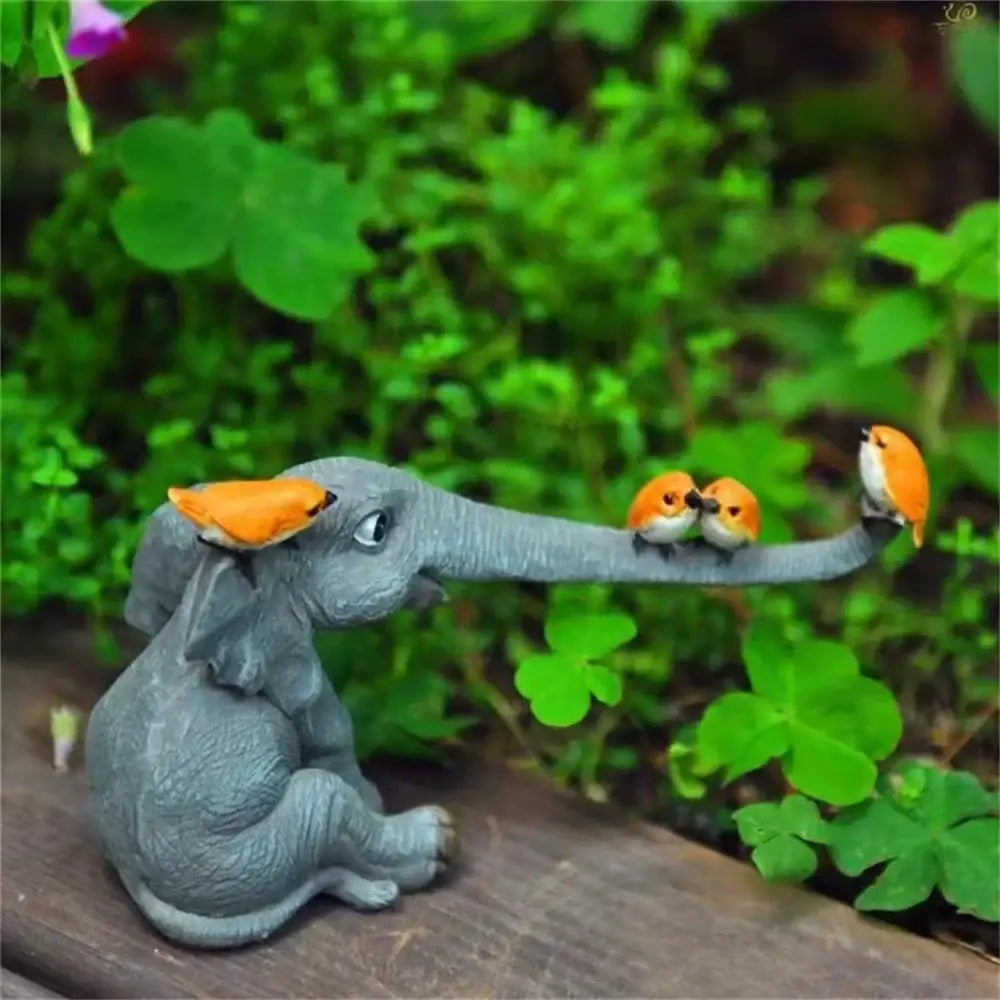 Gray resin elephant bird rabbit figurines with three tiny orange birds decorbites elephant bird living room decor