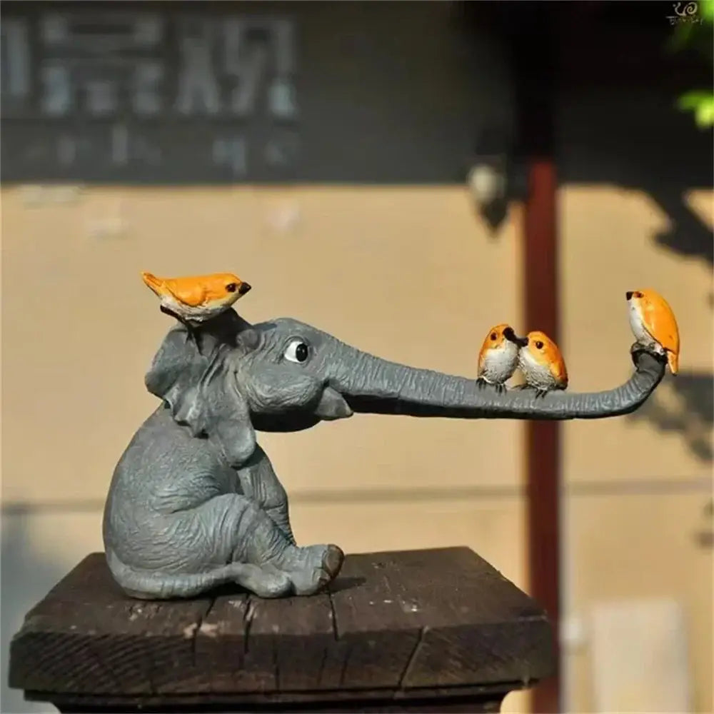 Gray resin elephant bird rabbit figurines with three small orange and white birds for living room decorbites decor