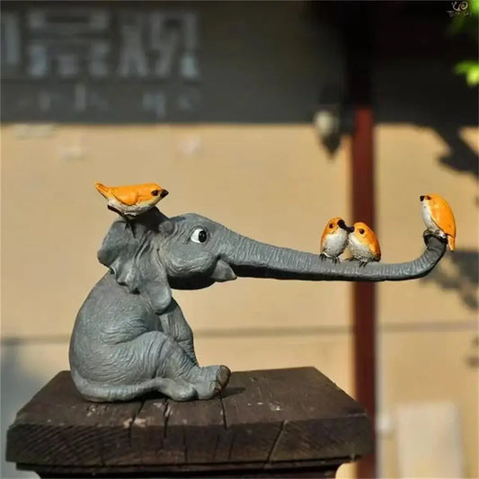 Gray resin elephant bird rabbit figurines with three small orange and white birds for living room decorbites decor