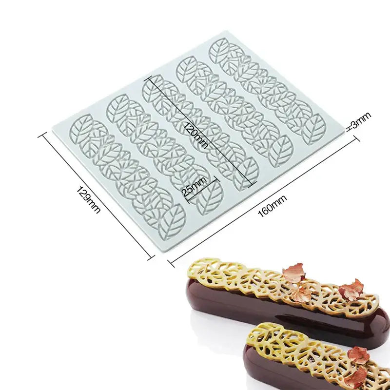 Light gray silicone mold with intricate heart leaf patterns for elegant chocolate eclair decor bites and baking use