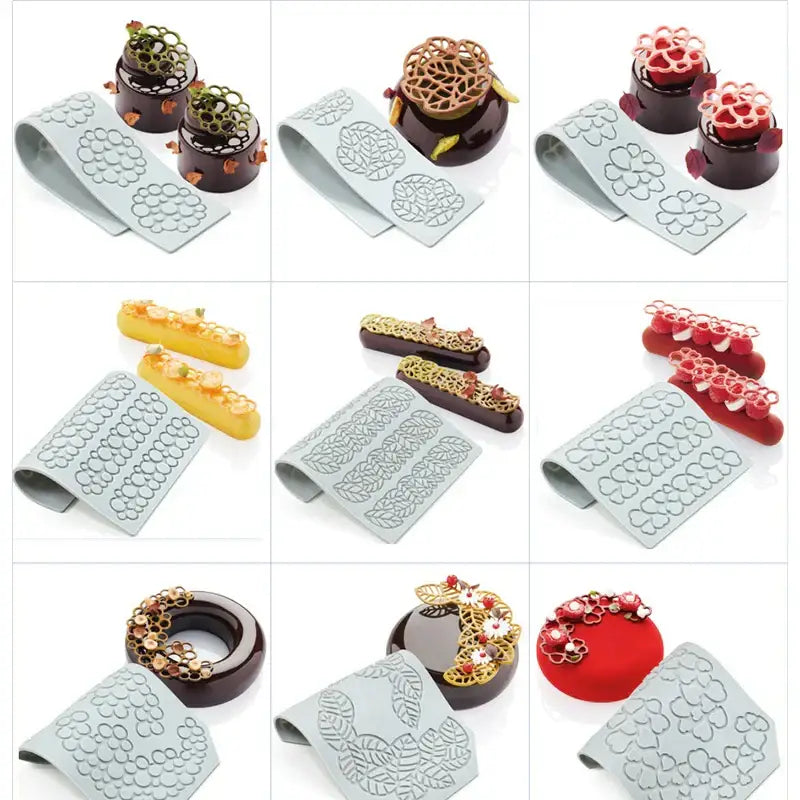 Gray floral and heart leaf silicone mold set with intricate decorbites heart leaf patterns for kitchen baking use