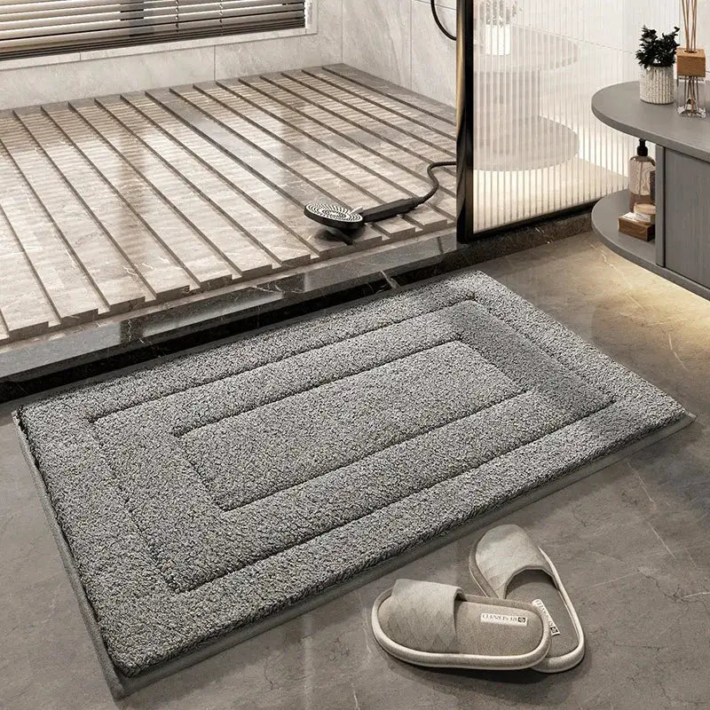 Gray geometric flocked plush bath mat with a textured surface and subtle ribbed border for bathroom decorbites decor