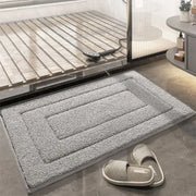 Gray geometric flocked bath mat with a rectangular raised border design for decorbites plush bathroom rug decor