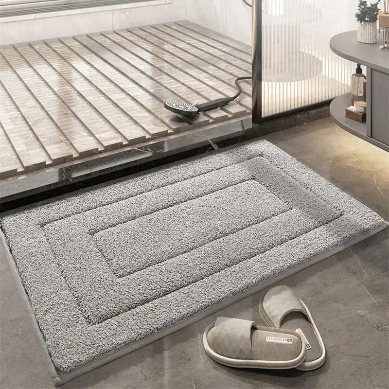 Gray geometric flocked bath mat with a rectangular raised border design for decorbites plush bathroom rug decor